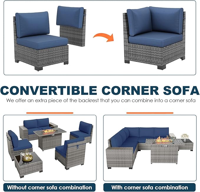 7 Piece Patio Furniture Set with Fire Pit Table, Outdoor Conversation Sets Wicker Rattan Sectional Sofa with Coffee Table, 4'' Thickened Cushion Navy Blue (Include Waterproof Cover)