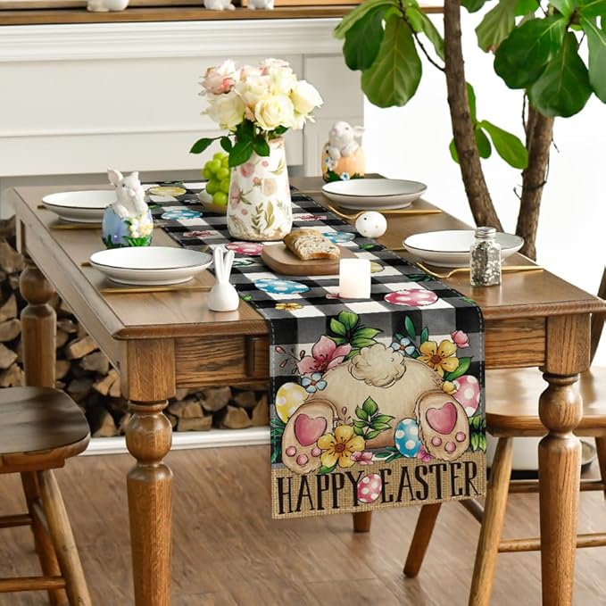 Artoid Mode Buffalo Plaid Bunny Egg Flowers Happy Easter Table Runner, Seasonal Spring Kitchen Dining Table Decor for Home Party Decor 13x60 Inch