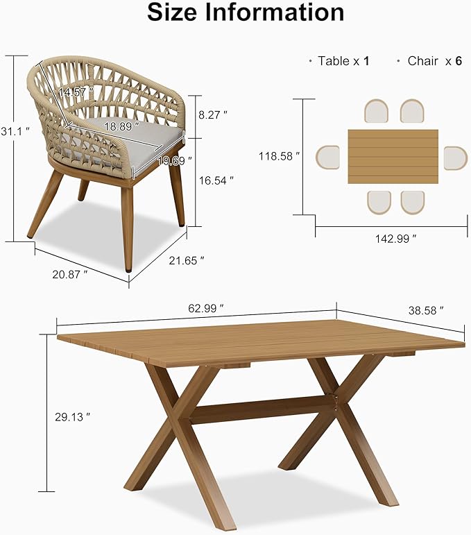 PURPLE LEAF 7 Pieces Outdoor Dining Set All-Weather PE Rattan Outdoor Patio Furniture Set with All Aluminum Frame Rectangular Table and Chairs Set for Lawn Garden Backyard Deck, Teak