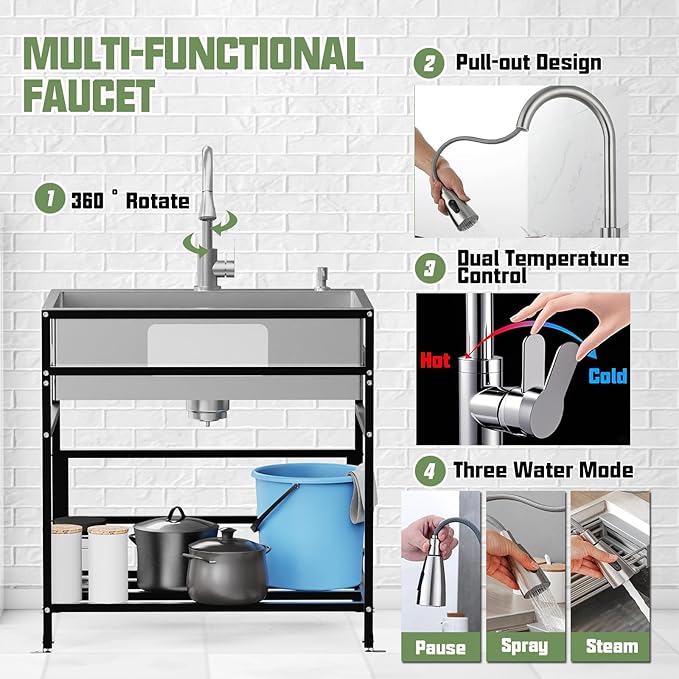 30x22 Inch Stainless Steel Utility Sink-Freestanding Laundry Sink Practicality With Accessories Stainless Functional Faucet,Soap Dispenser, SS Sink Grid For Laundry,Garage,Outdoor Kitchen,Garden...