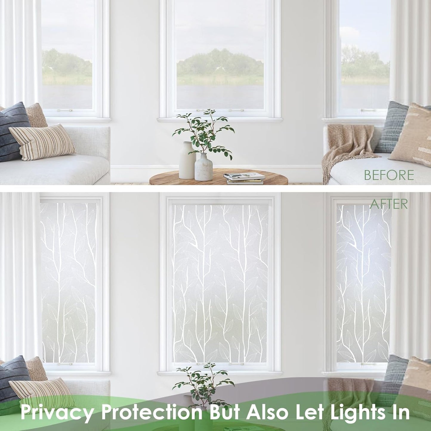 DKTIE Nordic Leaves Window Privacy Film Decorative Stained Glass Sun Blocking Heat Control with Free Installation Tools, Privacy Window Film Day and Night (White, 17.7'' x 118.1'')