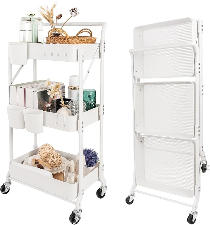 3-Tier Folding Rolling Utility Cart with Wheels, Foldable Storage Cart Organizer with 3 Hanging Cups & 6 Hooks for Kitchen, Office, Living Room, Nursery(White)