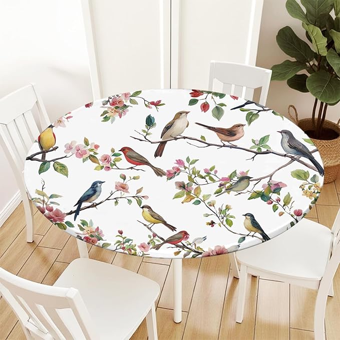 Spring Summer Round Fitted Tablecloth with Elastic Edge Bird Floral Easter Circle Table Cloth for 44-48" Round Tables Wipeable Waterproof Hummingbird Flower Table Cover for Outdoor Picnic Dining Decor