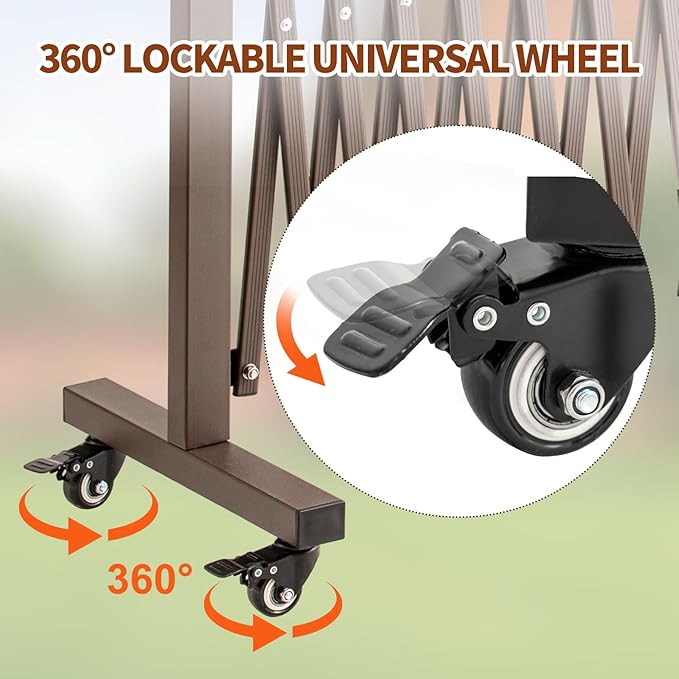 TECSPACE Aluminum Expandable Garden Fence, Portable Barricade Gate with Casters, Adjustable Retractable Fence Mobile Barricade Safety Barrier (Brown, 130×15×41 inch)