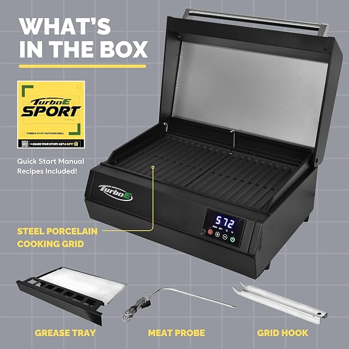 Turbo E Sport Compact Electric Grill, 1700W Infrared, Digital Display with Probe, Apartment Friendly