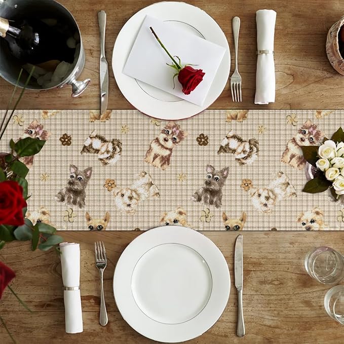 Cute Puppy Table Runner Kitchen Dining Table Runner 13*90in Table Center Decor for Indoor Outdoor Home Holiday Party