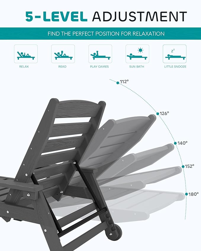 SERWALL Patio Chaise Lounge Chair Set of 6, 5 Positions Adjustable Poly Outdoor Lounger for Pool, HDPE Lounge Chair with Rolling Wheels & Cup Holder for Poolside, Deck, Slate Gray
