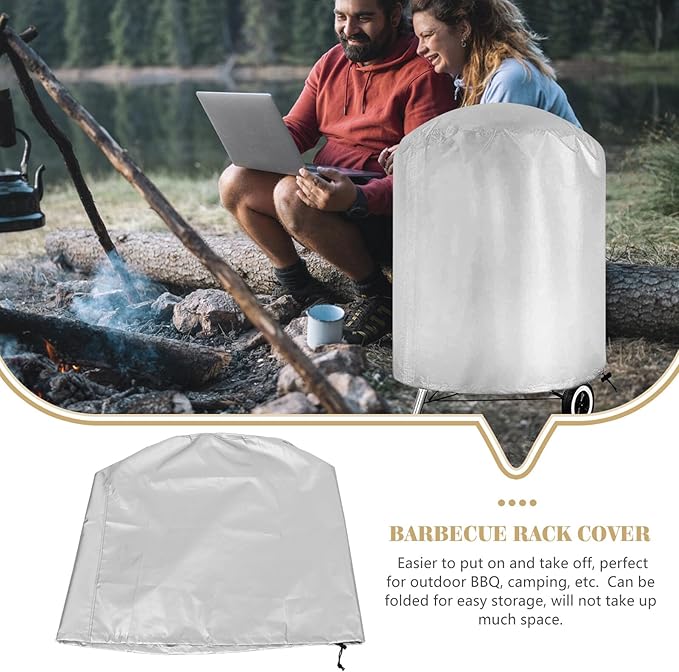 Mikikit Polyester Outdoor Grill Cover BBQ Barbecue Protective Cover with Drawstring Heavy Duty Round Grill Dustproof Shield for Patio Cooking