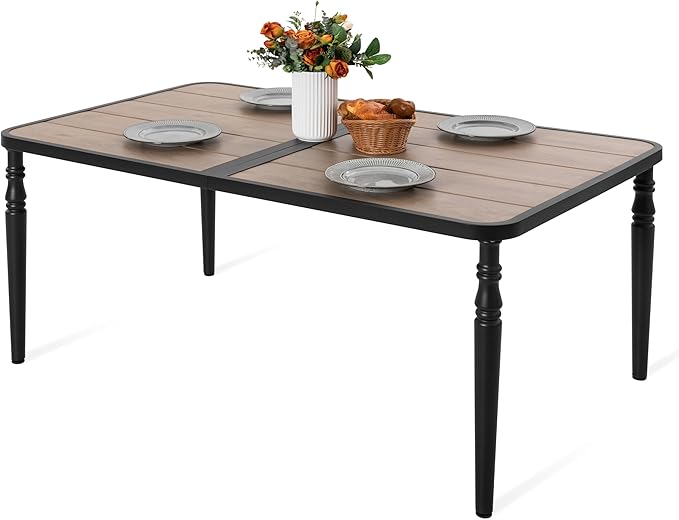 NUU GARDEN Patio Dining Table for 6, 61” x 37” Large Rectangle Metal Table with Wood-Grain Tabletop, Outdoor Table with 2.1” Umbrella Hole for Backyard, Lawn, Garden, Black