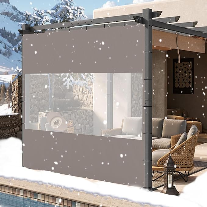 Domi Heavy Duty Outdoor Clear Panel Curtain, 18 oz Waterproof PVC Polyester Curtain, Weather Resistant & Tearproof for Patios, Gazebos, Pergolas, Privacy Screen (10'H x 8'W, Gray)