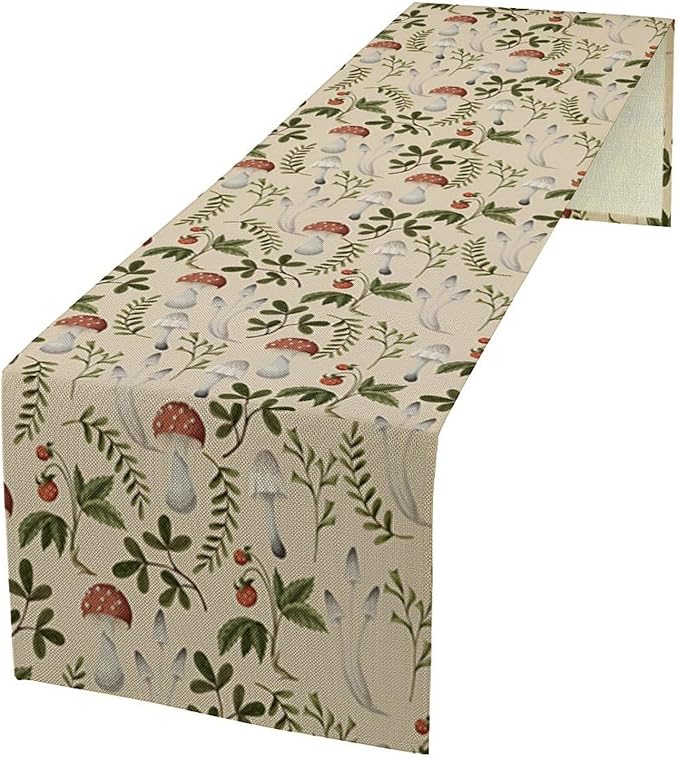 Mushroom Table Runner,Vintage Rustic Boho Botanical Plant Print Tablerunner for Home Kitchen Dining Coffee Table Indoor Outdoor Party Decor 13x60in