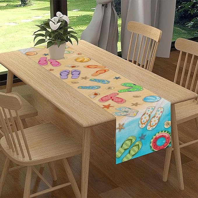 Blue Sea Waves Starfish Table Runner, Tropical Summer Flower Clear Sea Water Coffee Table Center Decor for Family Kitchen Wedding Party and Living Room Farmhouse Table Decorations, 13" X 108"