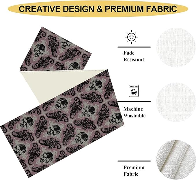 Goth Table Runner, Antique Gothic Damask Skull Baroque Style Floral Halloween Exotic Purple Coffee Vintage Table Center Decor for Kitchen and Dining Outdoor Country Party Table Decorations, 13"x72"
