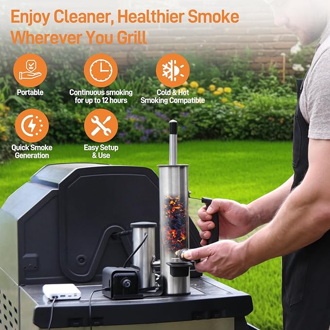 Portable Electric Smoke Generator, Adjustable Smoke Control, Fits 99% Pellet Smokers & Grills, Cold/Hot Smoking Modes for Meats/Salmon/Cheeses, with BBQ Smoker Guide
