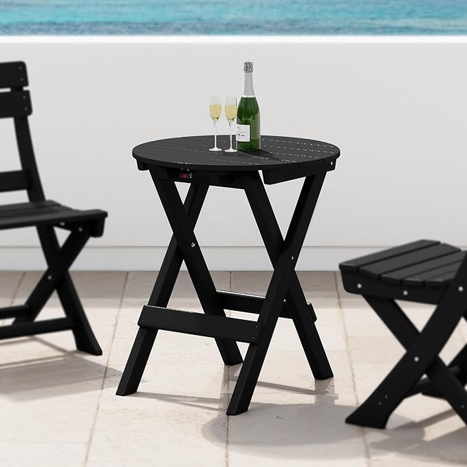Costaelm Paradise HDPE Outdoor 24.5 Inch Round Portable Folding Patio Dining Table, Black