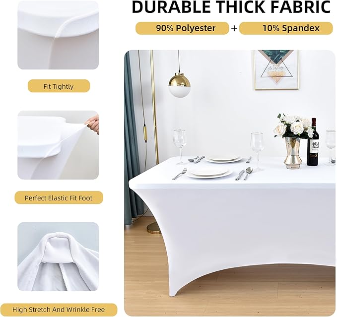 2-Pack 8ft White Spandex Table Covers for Rectangle Folding Tables - Washable Elastic Tablecloth - Ultimate Fitted Table Protector for Birthday Parties, Trade Shows, Banquet