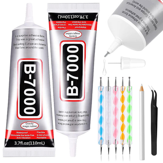 B7000 Adhesive Rhinestones Glue for Crafts, 2PCS 110ml / 3.7 fl oz with 5 Dotting Pen Tool, Wax Pencil and Tweezer, Jewelry Glue for DIY Craft, Makeup, Shoes, Jewelry Making, Nail Art