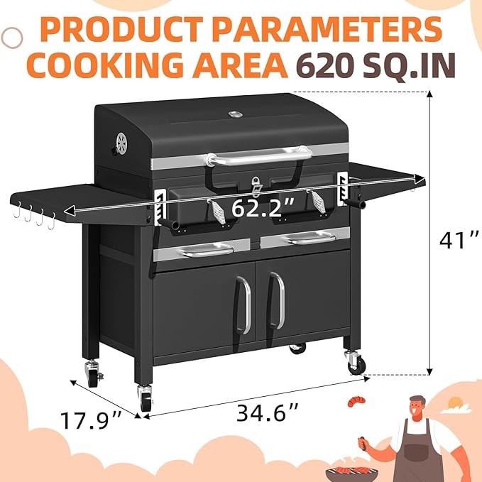 MELLCOM Charcoal Grills, 36 In Large BBQ Grill with Storage Cabinet, 620 Sq.In Oversized BBQ Area, Individual Lifting Charcoal Trays, Foldable Side Tables and Thermometer for Patio, Outdoor, Balcony