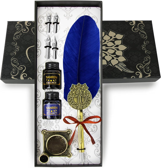 Quill pen ink set,Feather Pen and Ink Set,Antique Calligraphy Pen with 4 Replaceable Nibs,2 Bottle of ink,Feather Dip Pen Holder Christmas Gift for Men&Women.(Blue)