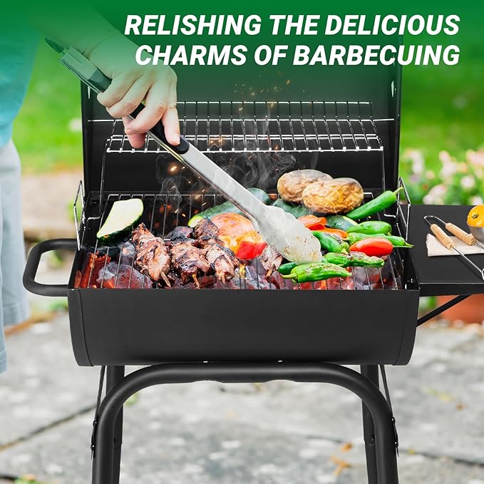 Outvita Barrel Charcoal Grill with Warming Rack, Outdoor BBQ Grill with Side Table with Nearly 268 Sq.In. Cooking Grid Area for Backyard Patio Picnic Parties Camping, Black