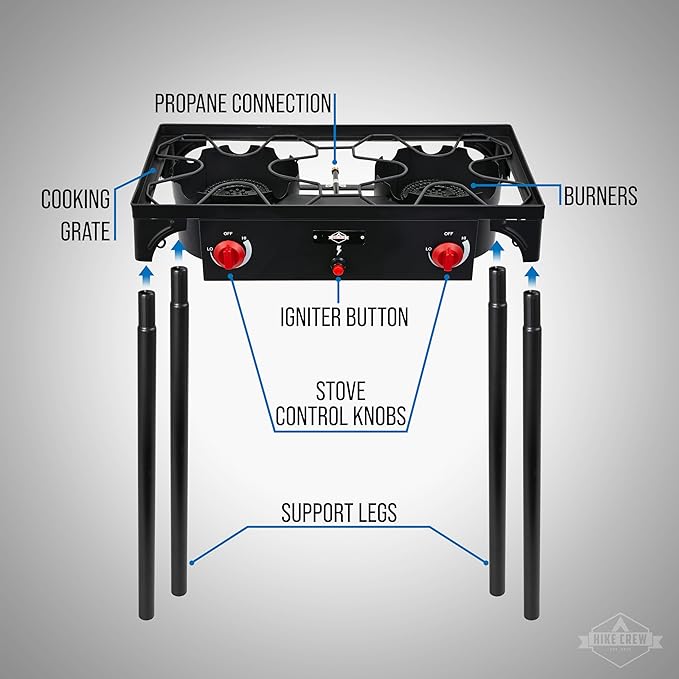 Hike Crew Auto Ignition Double-Burner Outdoor Gas Stove | 150,000 BTU Portable Propane-Powered Cooktop with Blue Flame Control, Removable Legs, Temperature Setting Knobs | Includes Hose & Regulator