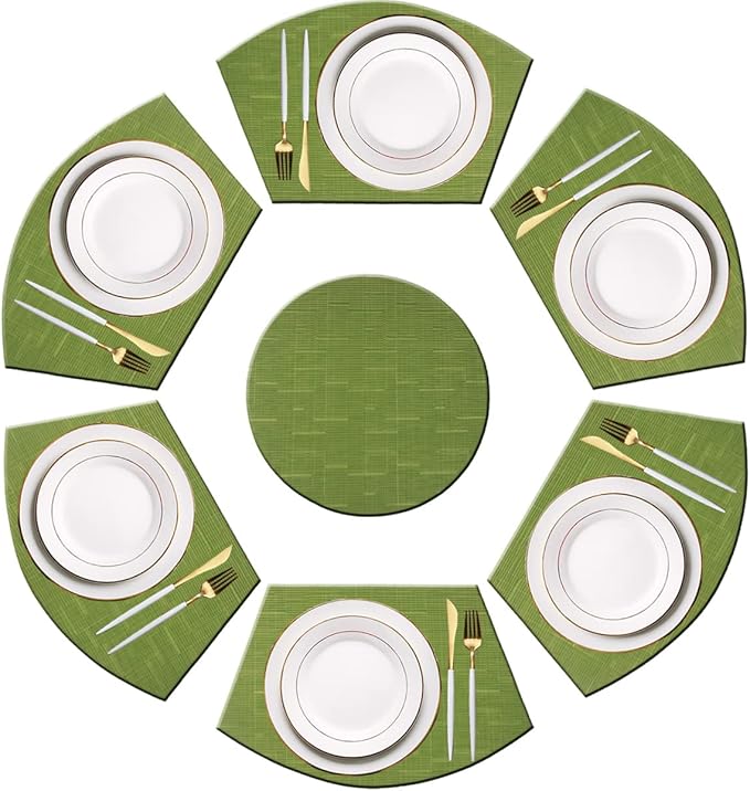 PIGCHCY Wedge Shaped Placemats Set of 6 with Centerpiece Round Mats Washable Kitchen Placemats Heat-Resistant Table Mats (Sage Green)