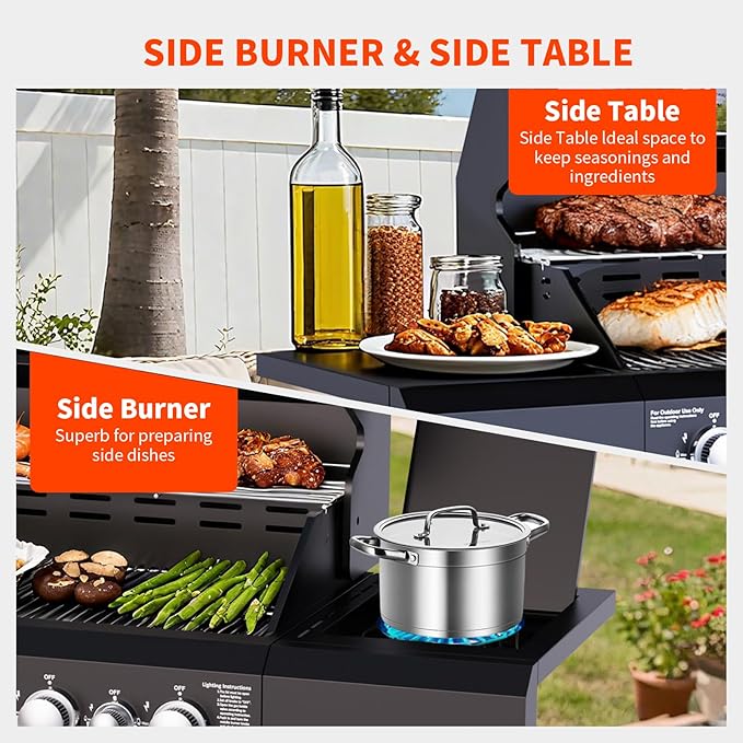 4 Burners Propane Gas Grill with Visual Glass, 50000 BTU Outdoor BBQ Propane Grill with Side Burner, Heighter, Double-Layer Lid, Stainless Steel Grids and Observing Changes in Food for Perfect BBQ