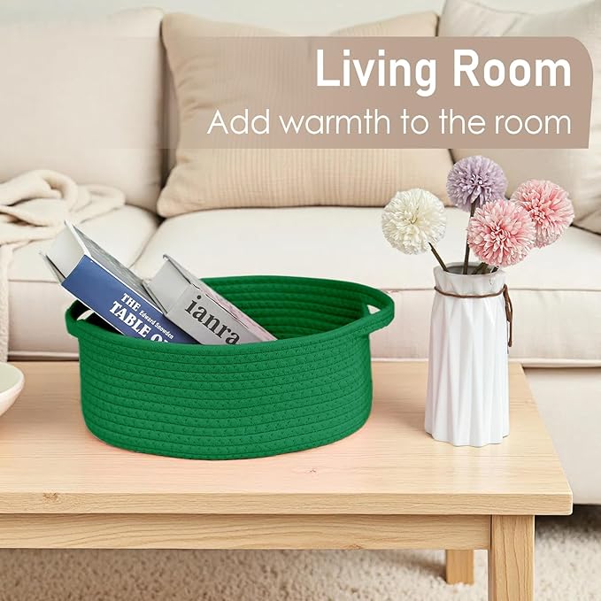 Woven Basket,Small Rope Storage Bin with Handles & Ribbon Bag, Organizer for Shelves Closets,Gift Basket Empty for Birthday,Books,Dog Toys, Green