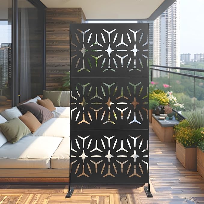 75" H×35" W Decorative Outdoor Privacy Screen with Stand, Outdoor Decor Privacy Fence Screen Metal Fence Panels, Free Standing Metal Divider for Patio Lawn Deck (Black-Small Rhombus)
