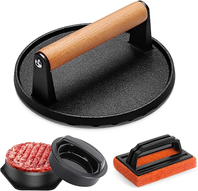 Smash Burger Press kit, Heavy-Duty Cast Iron Round Grill Bacon Press with Wood Handle, 3 in 1 Hamburger Press Patty Maker Tools, Cleaning Pad Set for Blackstone Griddle Flat Top Cooking