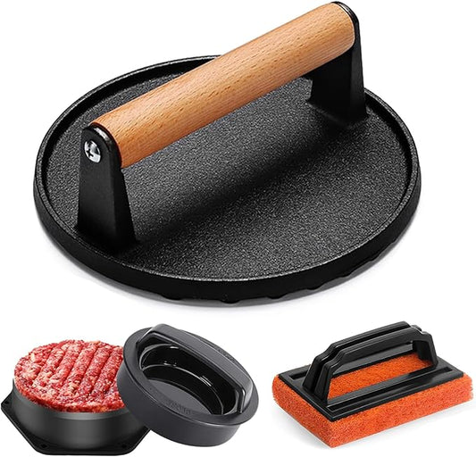 Smash Burger Press kit, Heavy-Duty Cast Iron Round Grill Bacon Press with Wood Handle, 3 in 1 Hamburger Press Patty Maker Tools, Cleaning Pad Set for Blackstone Griddle Flat Top Cooking