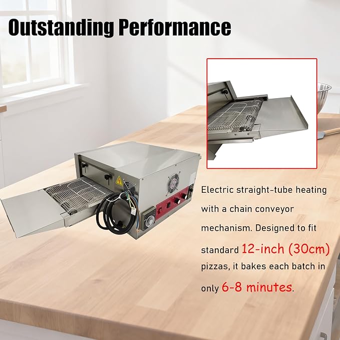 220V Countertop Conveyor Pizza Oven Commercial Baking Electric Oven 12" Belt 6000W 300℃ Working Temperature Baking Bread Cookies