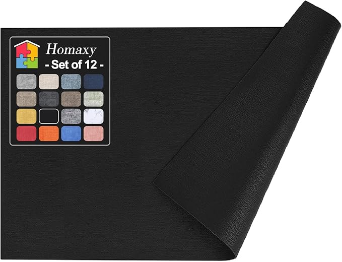 Homaxy Faux Leather Heat Resistant Placemats for Dining Table Set of 12, Waterproof Wipeable Washable PU Table Mats, Easy to Clean Anti-Slip Place Mats, 11.8" x 17", Black