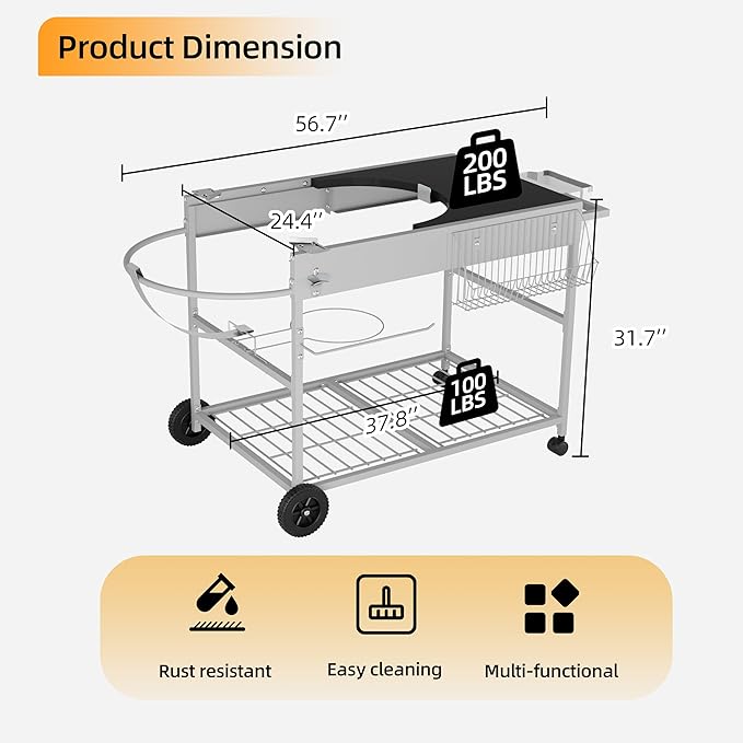 Vongrasig Grill Cart for Weber Kettle 18" & 22", Charcoal Grill Table, Outdoor Kitchen Island with Storage for Jumbo Joe,Master-Touch Charcoal Grill, Silver