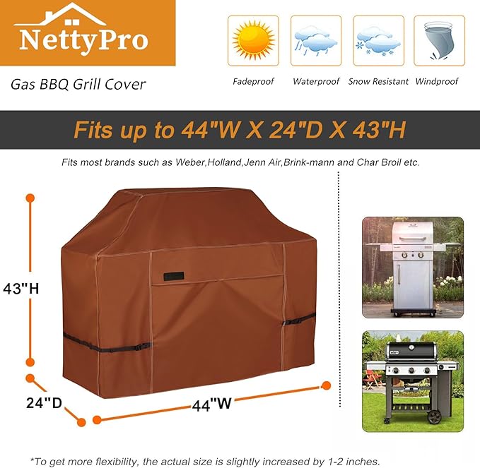 NettyPro Grill Cover Heavy Duty Waterproof 44 inch, Outdoor 2 Burners Gas BBQ Cover for Outside Weber, Char-Broil, Brinkmann, Nexgrill Barbecue, Brown