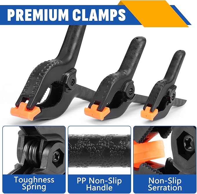12 Pack Plastic Spring Clamps Set, 3 Sizes of Spring Clips 3.5 Inch, 4.5 Inch, 6 Inch Set, Black Heavy Duty Clips, Backdrop Clips, Woodworking Clamps, Plastic Clamps for Woodworking,Photography