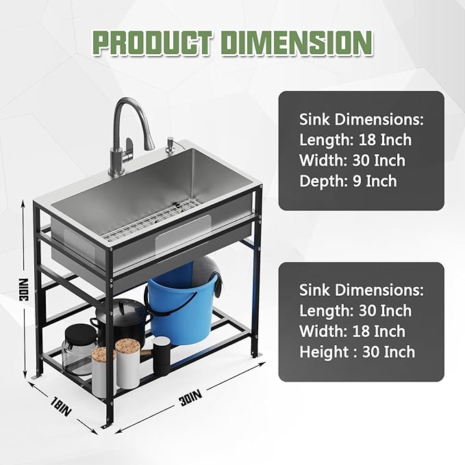 30x18 Inch Stainless Steel Utility Sink-Freestanding Laundry Sink Practicality With Accessories Stainless Functional Faucet,Soap Dispenser, SS Sink Grid For Laundry,Garage,Outdoor Kitchen,Garden...