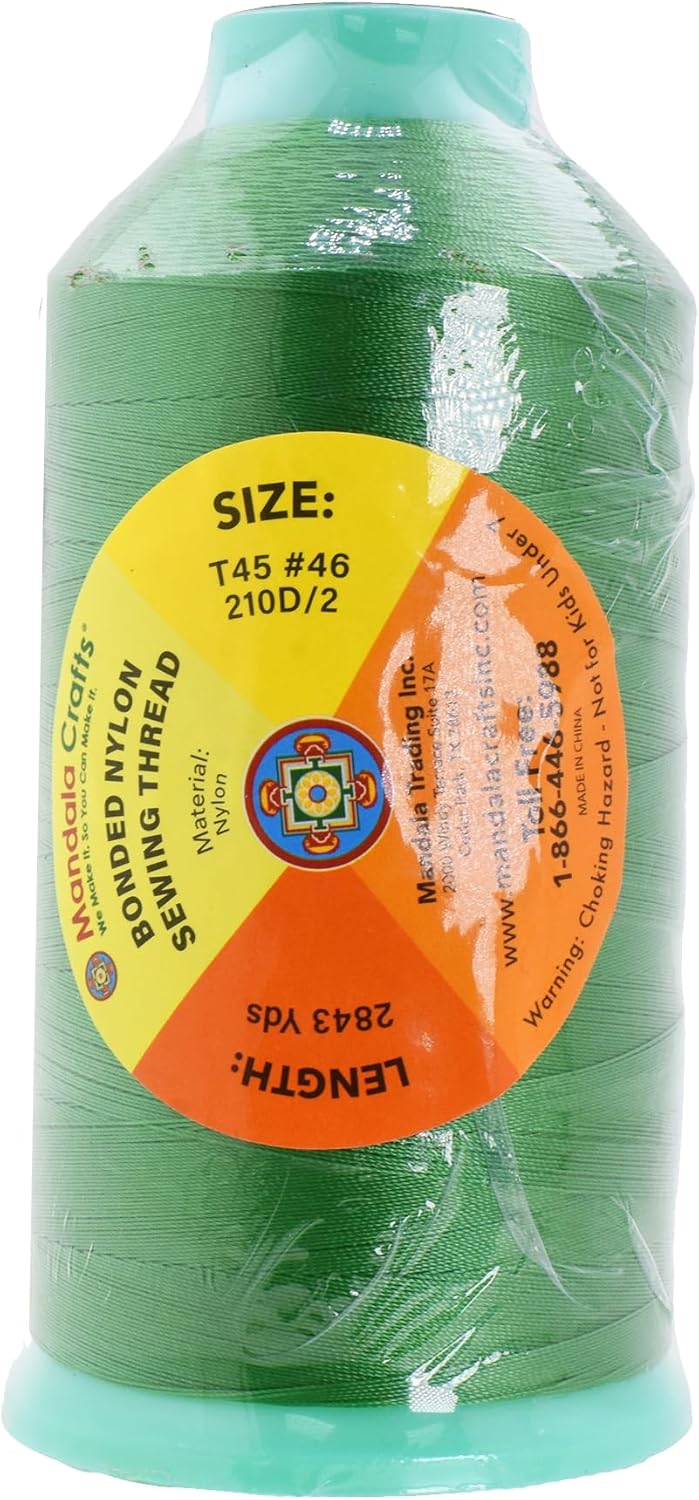 Mandala Crafts Bonded Nylon Thread Green Heavy Duty Sewing Threads - 2843 YDs Size 46 210D T45 Tex 45 Thread for Leather Jeans Weaving Outdoor Marine Upholstery Threads