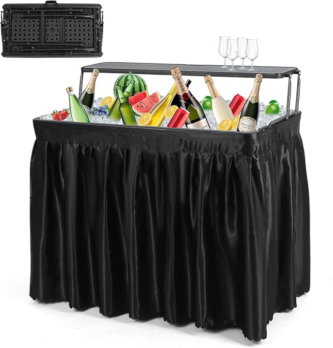 Nice C 4 ft Folding Ice Cooler Table, Party Cooler, Grazing Table, Tables with Drain, Party Tables, with Matching Skirt, Storage Shelf (Black)