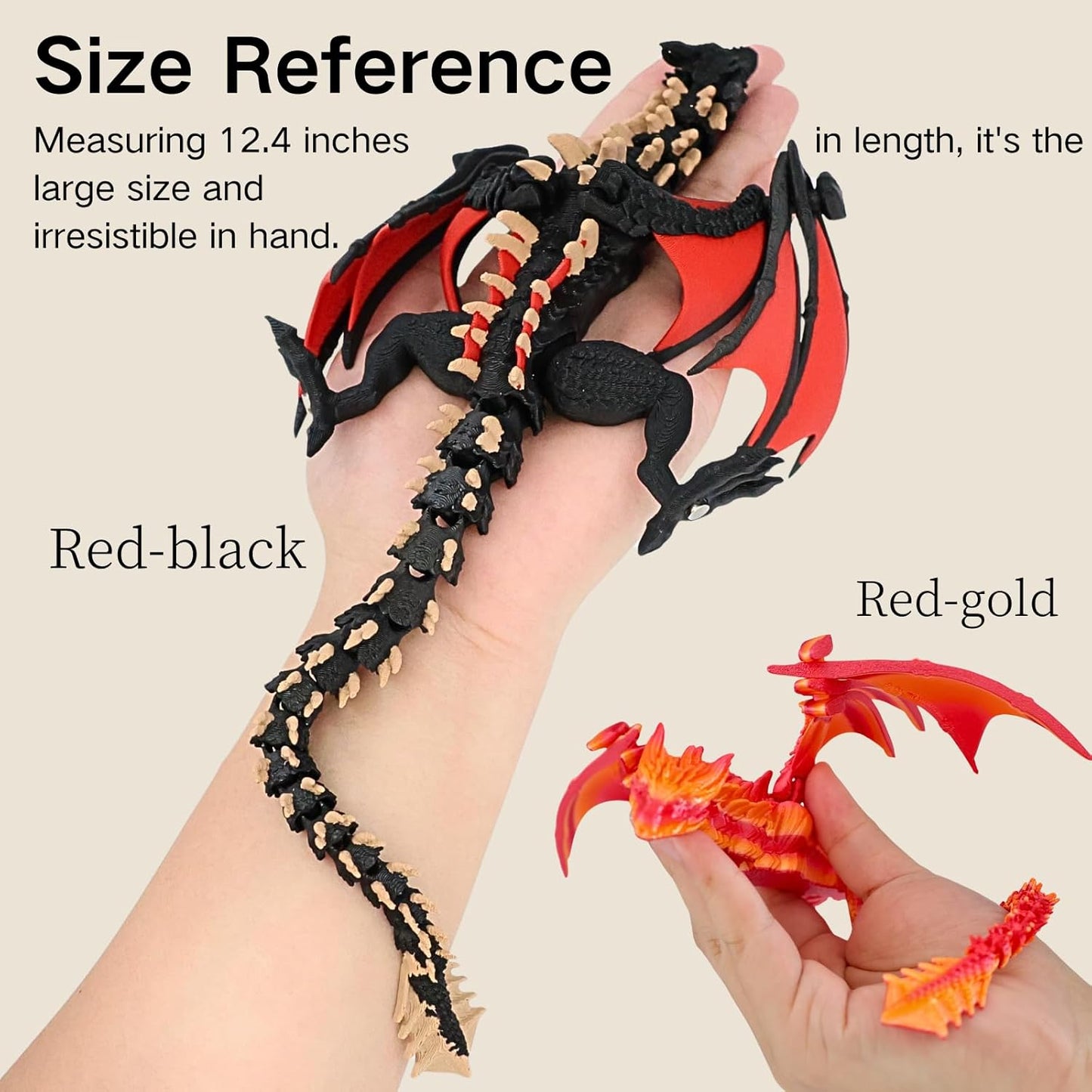 3D Printed Dragon - 12 inch Flying Flexible Dragon with Wings, Home Decor, Birthday Gift, Desk Pet(Red Black-Dragon)(Red Gold-Dragon)