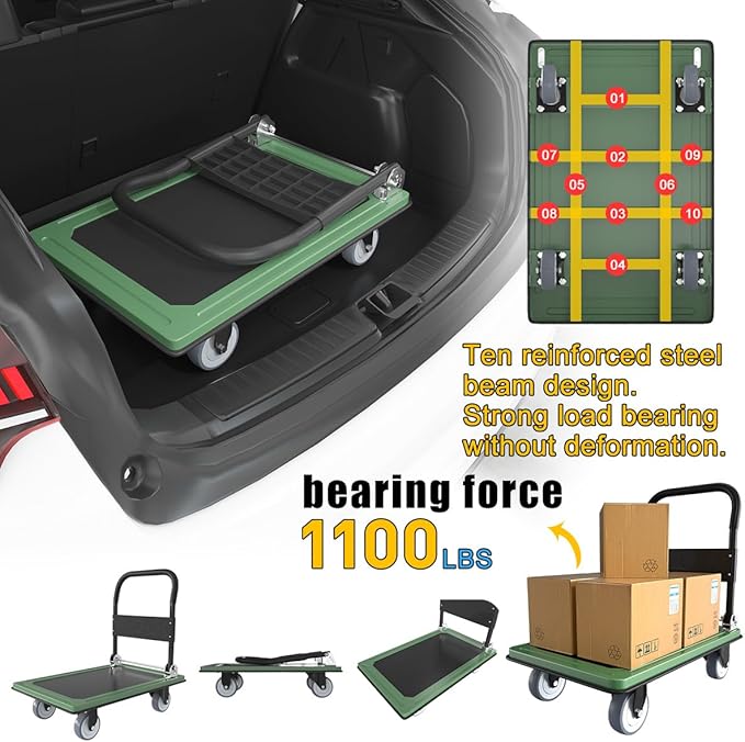 WUD Push Cart, Folding Mobile Platform Trolley,Thickened and Reinforced, 360° Swivel Wheels,35.4 “L x 23.6 ”W, 1100 lb. Green Dolly cart with Wheels