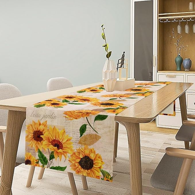 Sunflower Table Runner, Rustic Old Paper Seasonal Table Runner Farmhouse Kitchen Home Party Dining Room 13x120in