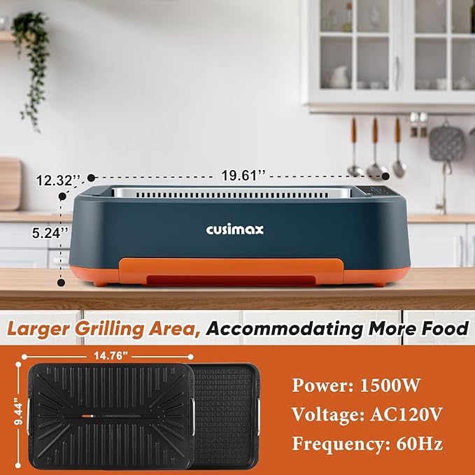 Electric Grill, CUSIMAX Smokeless Indoor Grill & Griddle, Electric Korean BBQ Grill with Turbo Smoke Extractor & REPLACEABLE Filter Sponge, Smart LED Display, Larger Grilling Area, 1500W(New Model)
