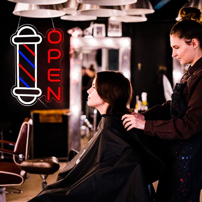 JFLLamp Barber Shop Neon Signs for Wall Decor Open Neon Lights for Bedroom Led Signs Suitable for Barber Shops Hair Salon Art Unique Gift for Hairdresser 10.2 * 16.1 Inch(Red + Blue + White)