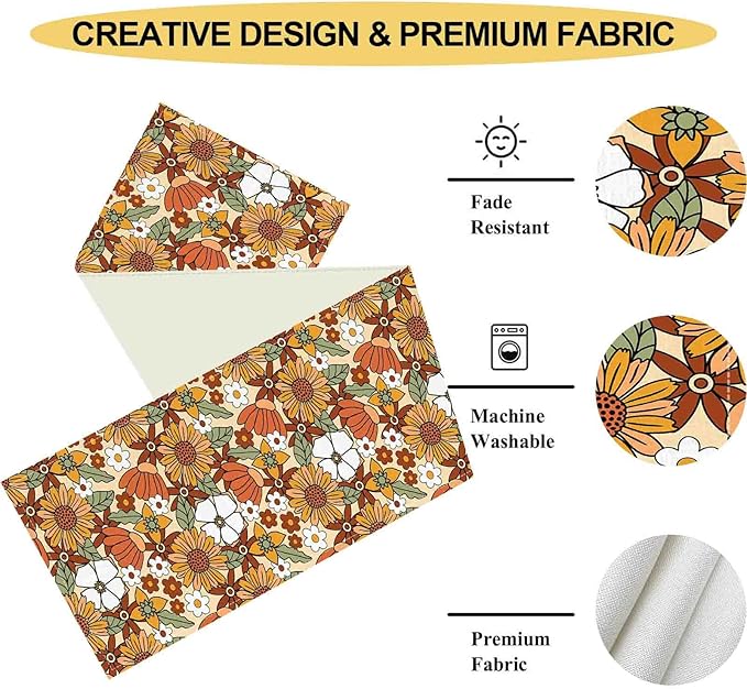 70s Floral Table Runner, Retro Groovy Hippie Oange Floral Funky Daisy Trippy Coffee Table Center Decor for Home Kitchen Dining Patio Holiday Party Indoor Outdoor Table Decorations, 13"x108" Inch