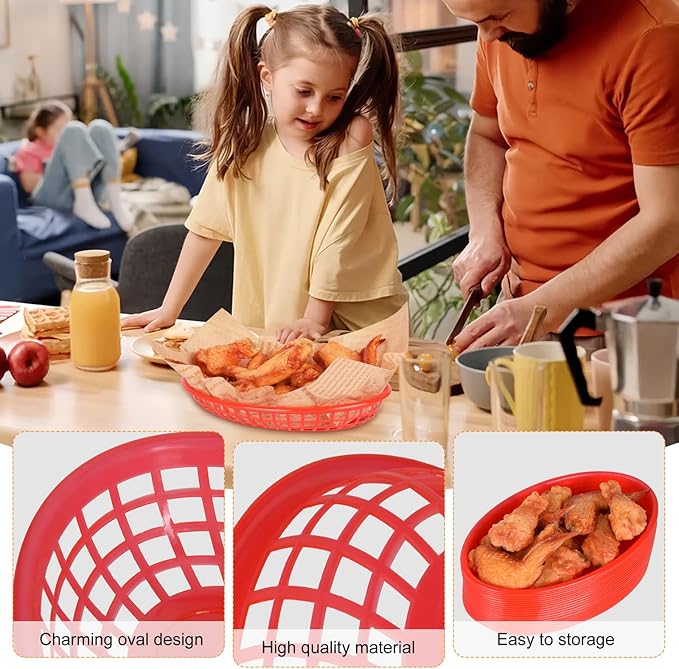 20 Pack Plastic Fast Food Baskets, 8.8" × 5.5" Small Oval Restaurant Serving Baskets Tray for Burgers, Sandwiches, Hot Dogs, Parties, Food Trucks, Reusable or Disposable, Stackable(Red)