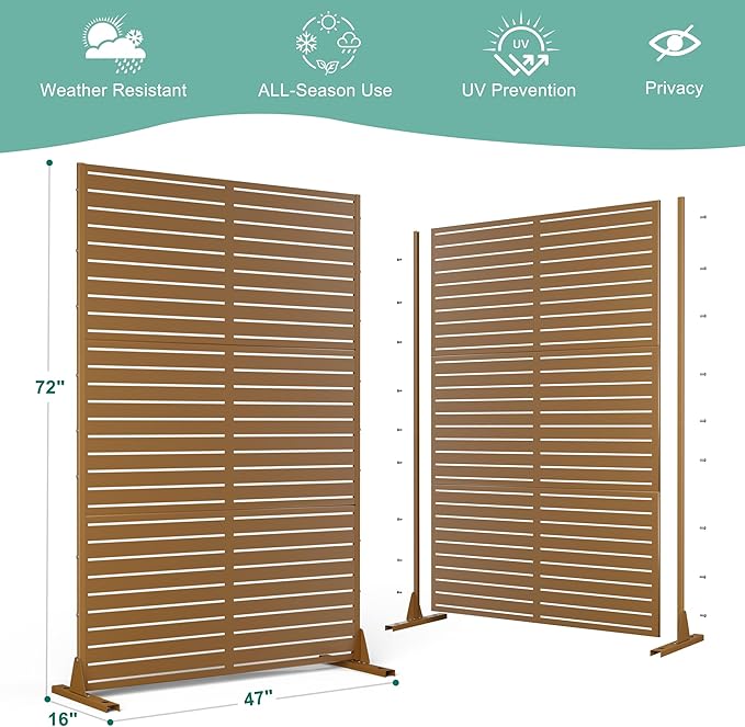 Metal Privacy Screen for Outdoor & Indoor Use, Free Standing Privacy Screen for Patio Garden Pool, 72" H x 47" W Decoative Privacy Panels, Weather Resistant, Easy Assembly (Brown Louvered)