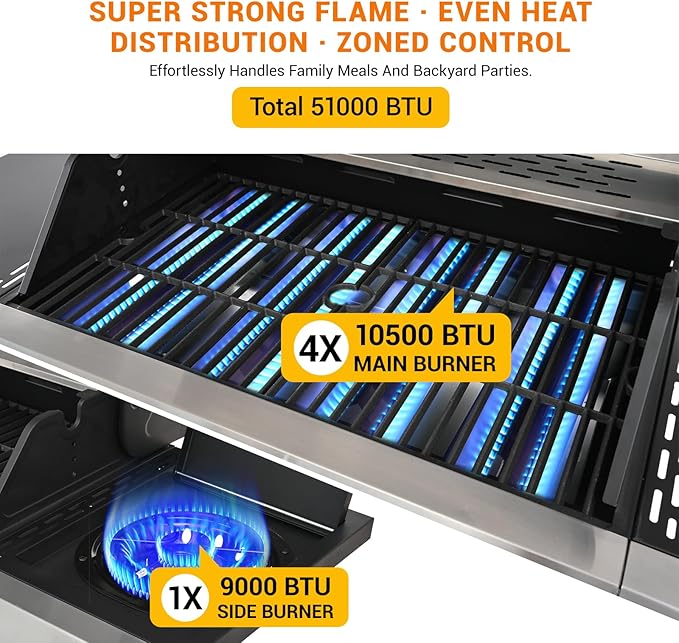 Upgraded 51,000 BTU Stainless Steel Burner Barbecue Grill, 4 Burner BBQ Propane Gas Grill with Side Burner, 452 sq.in Cooking Area with Porcelain for Patio, Camping, Outdoor Cooking