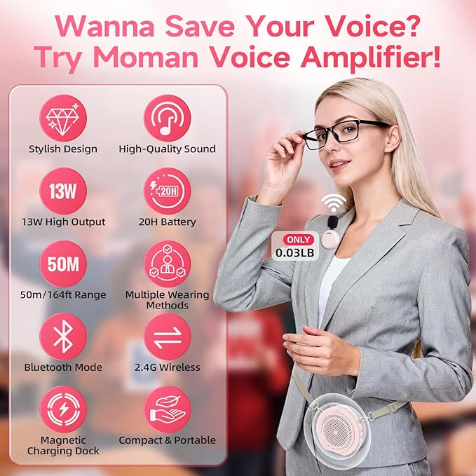 Moman Wireless Voice Amplifier with Lavalier Mic, 20H Battery 164ft Range Sensitive Pickup Noise Reduction PA System Bluetooth Portable Magnetic Charging Dock, Amplifier for Teacher Yoga Tour, Pink