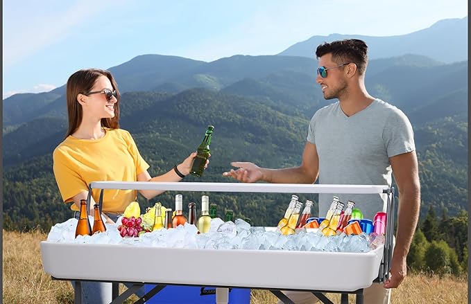 Nice C 4 ft Folding Ice Cooler Table, Party Cooler, Grazing Table, Tables with Drain, Party Tables, with Matching Skirt, Storage Shelf (White)